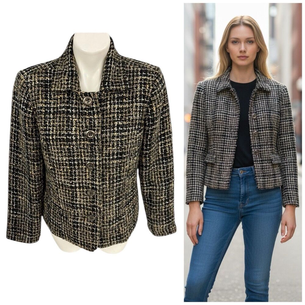 Christopher & Banks Blazer Womens Medium Boucle Jacket Wool Work Office Black